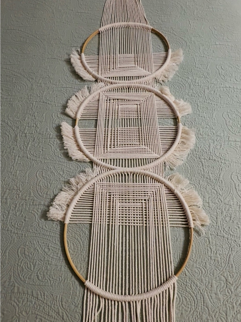 Long cream Macramé Hoop Wall Hanging geometric decor, used/good.